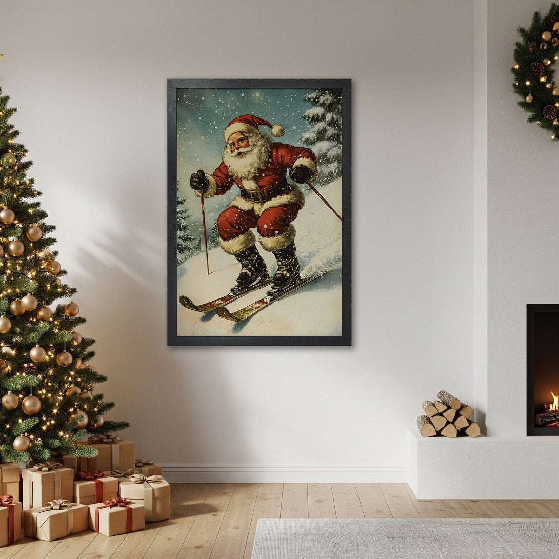 Framed Poster featuring Santa skiing, vintage style, red and white color palette, perfect Christmas decor.