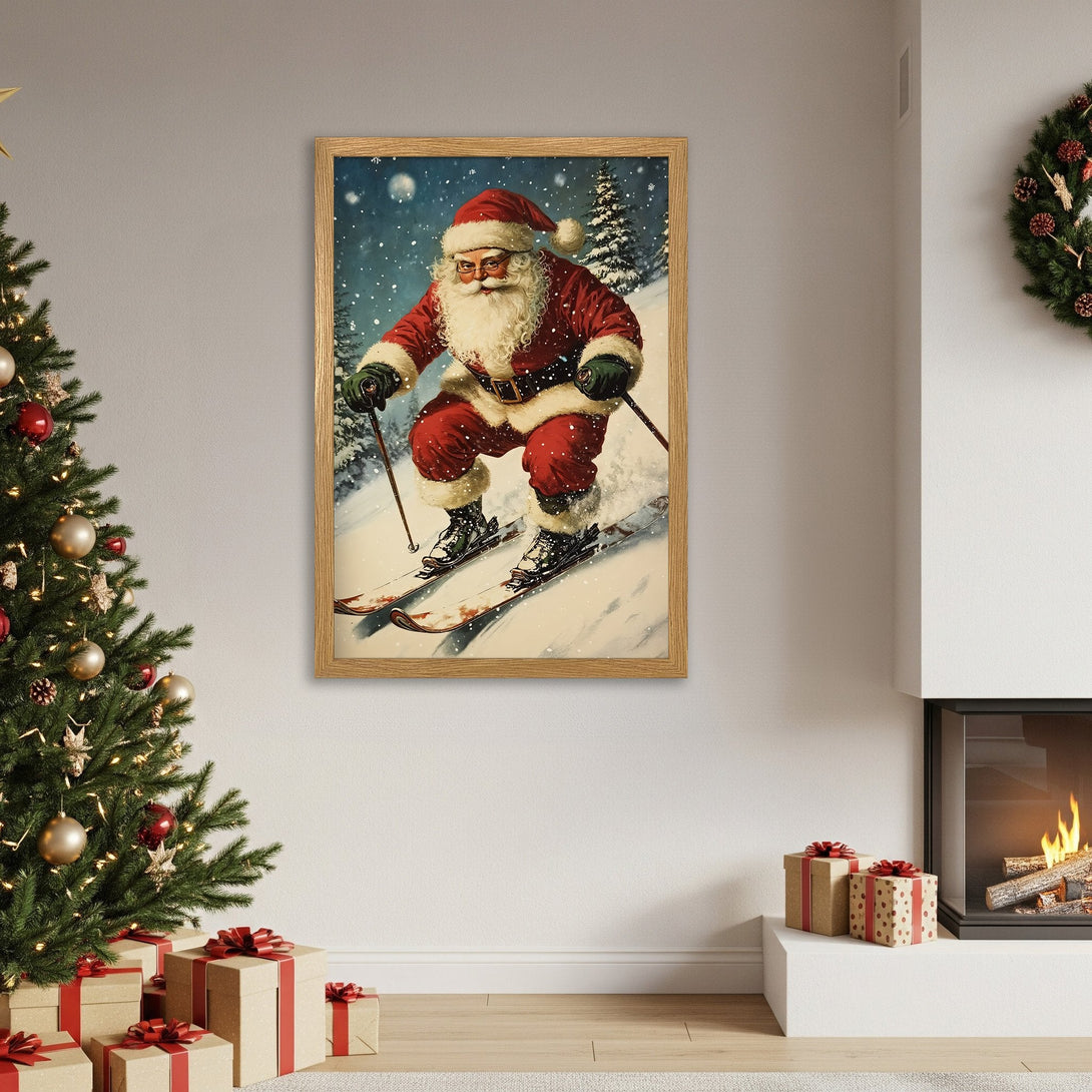 Framed Poster of Santa skiing, vintage style, red & blue color palette, perfect Christmas decor.