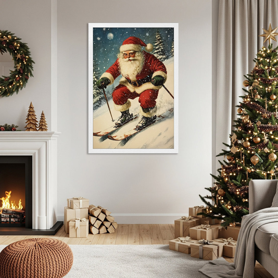 Framed Poster featuring Santa skiing in a vintage style, with a red and white color palette perfect for Christmas decor.