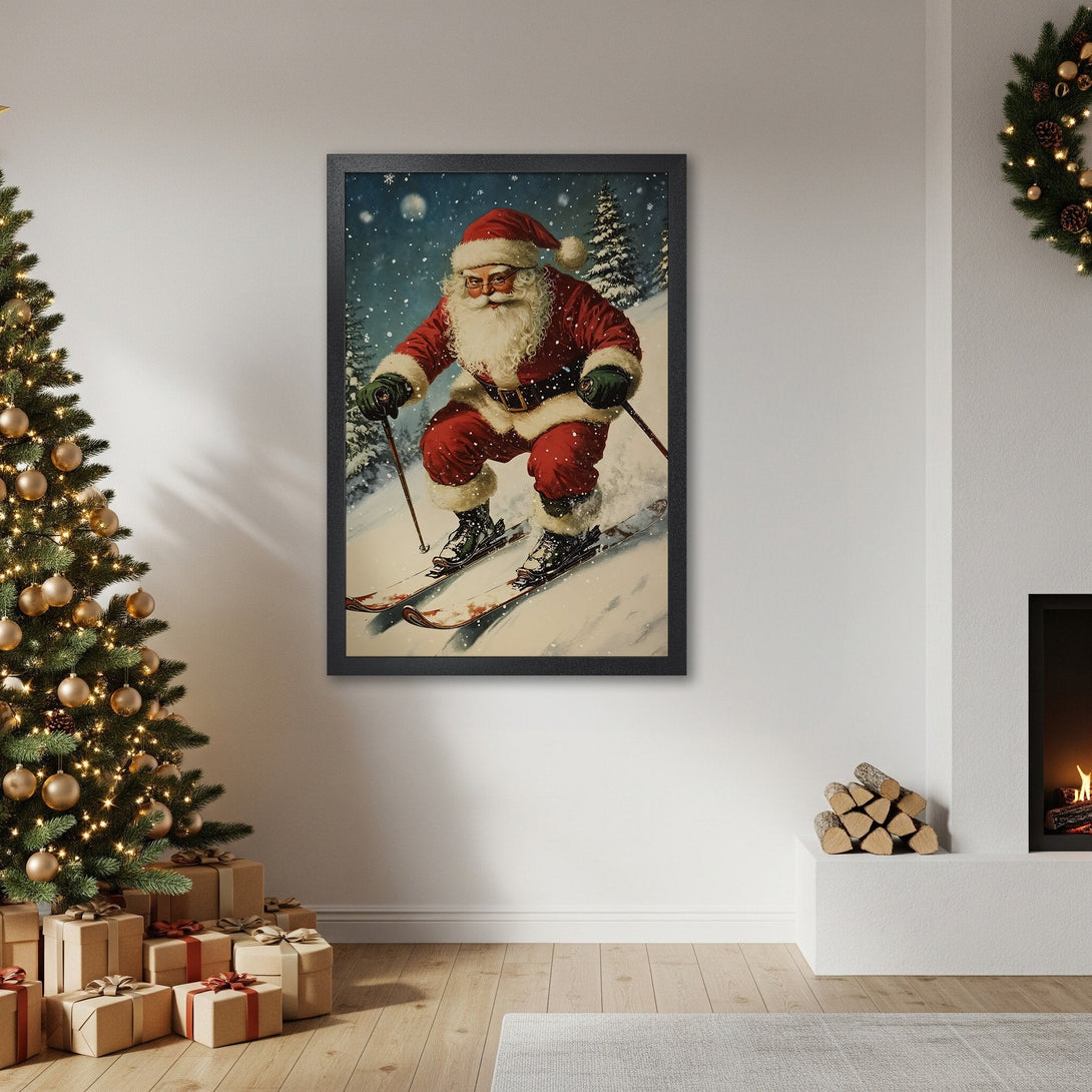 Framed Poster featuring Santa skiing, vintage style with red and blue color palette, perfect for Christmas decor.