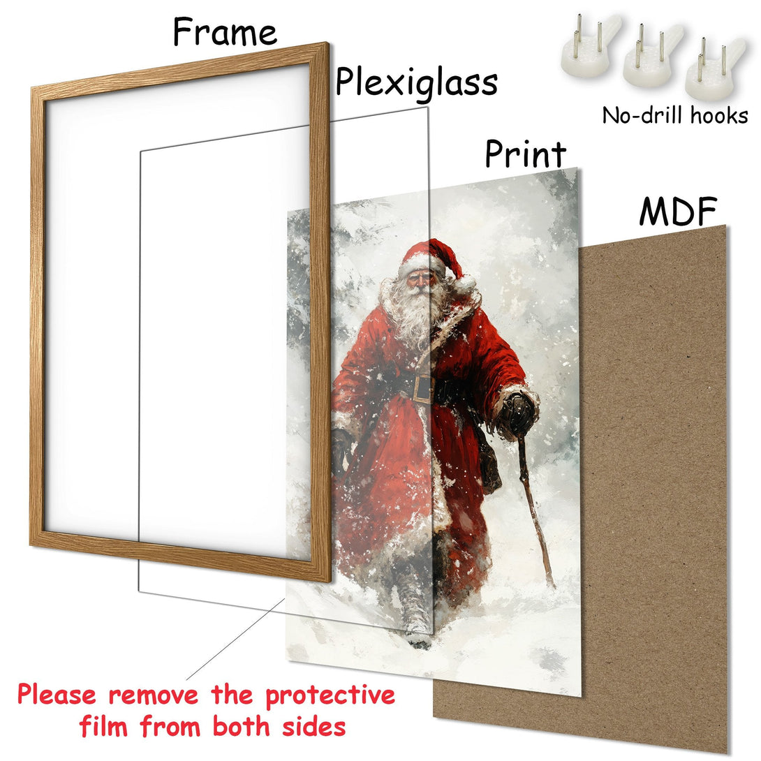 Framed Poster featuring Santa Claus in a winter scene. Artistic style with a red and white color palette. Perfect Christmas decor!