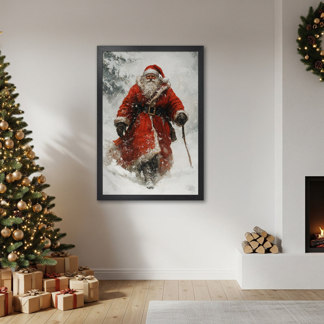 Framed Poster featuring Santa Claus in a winter scene. Artistic style with a red, white, and neutral color palette. Perfect Christmas decor!