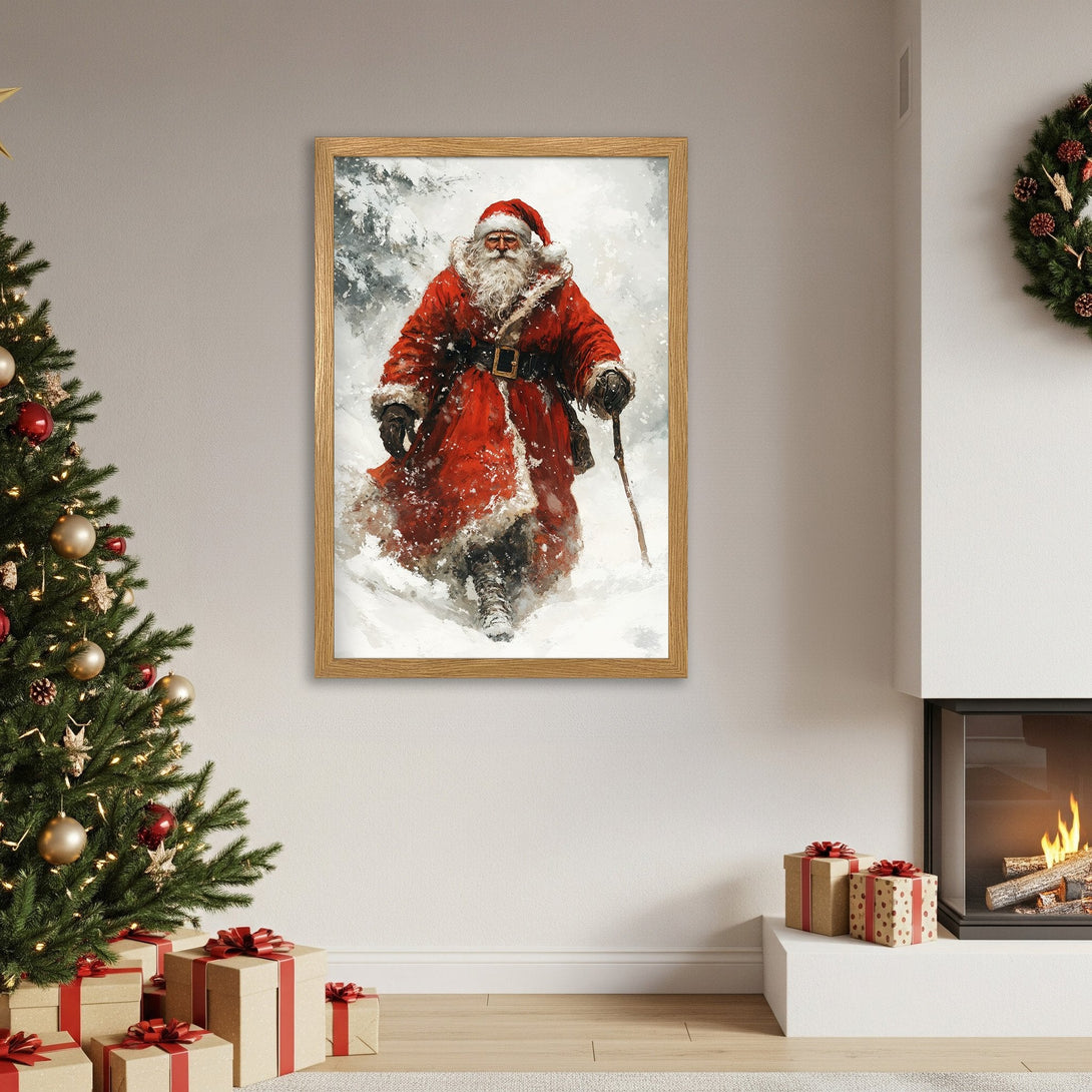Framed Poster of Santa Claus in a snowy landscape. Festive red & white art print, perfect for Christmas decor.