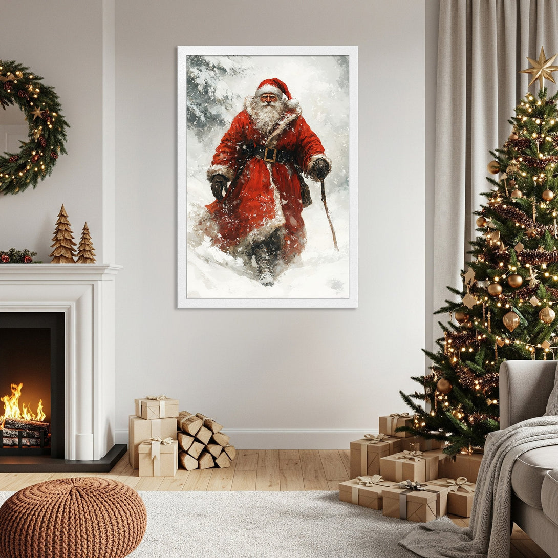 Framed Poster featuring Santa Claus in a snowy scene. Artistic style with a red, white, and neutral color palette. Perfect Christmas decor!