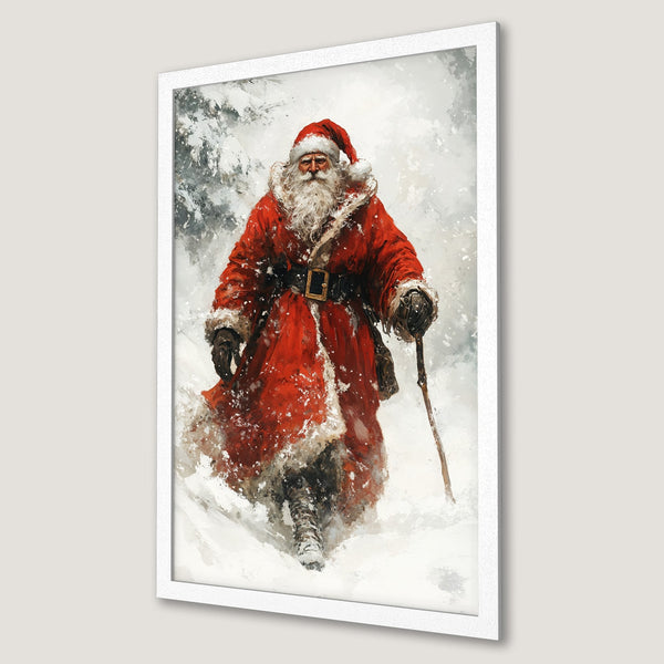 Framed Poster featuring Santa Claus in a snowy landscape. Artistic style with red and white color palette, perfect Christmas decor.