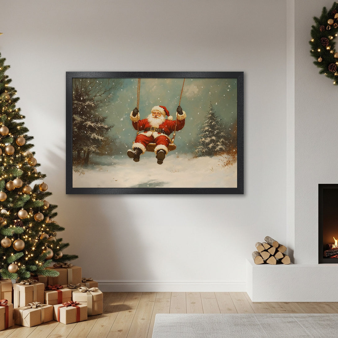 Framed Poster featuring Santa Claus on a swing in a snowy scene. Vintage style, warm red & wintery blue color palette. Perfect Christmas decor!