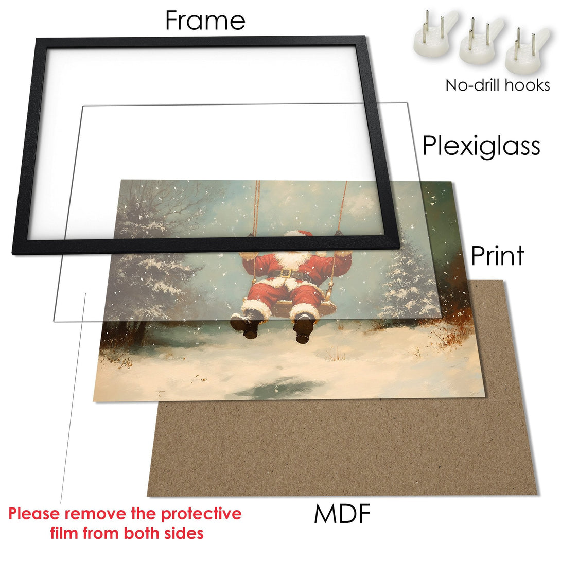 Framed Poster featuring Santa on a swing in a winter scene, painted in a warm, vintage style with a muted color palette.