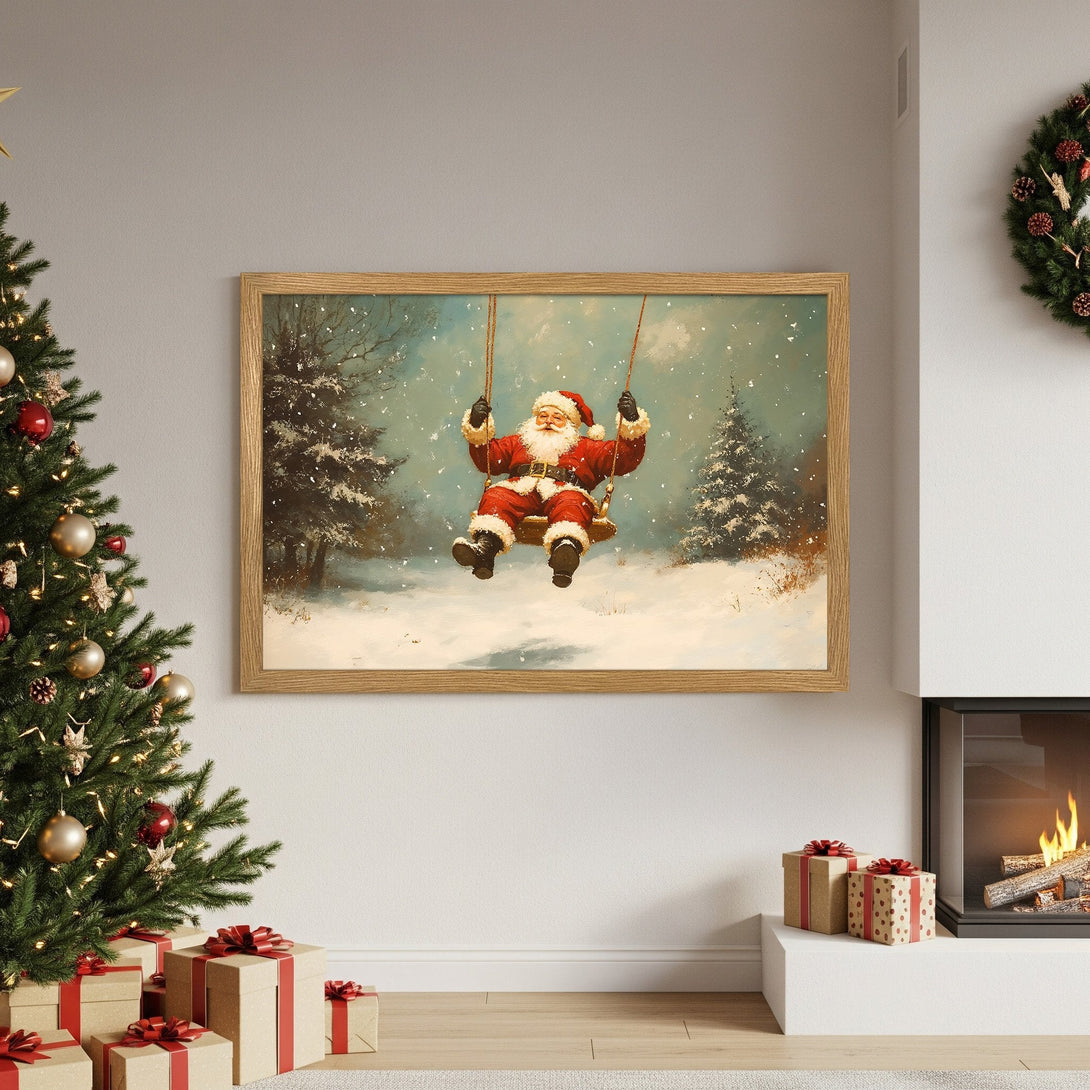 Framed Poster featuring Santa Claus on a swing in a snowy scene. Vintage style with a warm, inviting color palette. Perfect Christmas decor!