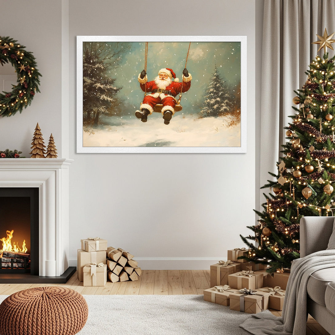 Framed Poster featuring Santa Claus on a swing in a snowy scene, vintage style with a warm, inviting color palette, perfect for Christmas decor.