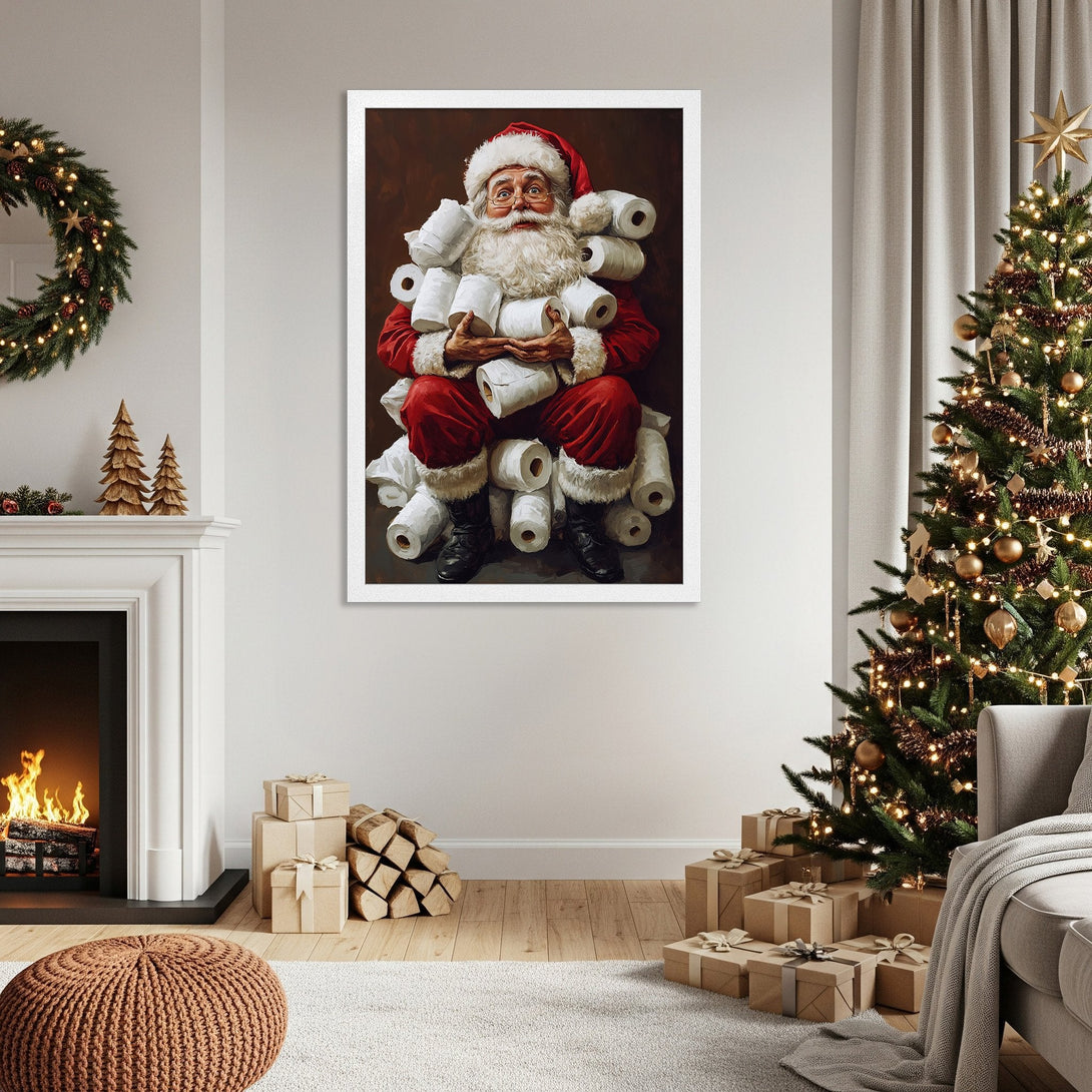 Framed Poster featuring Santa with toilet paper, in a warm red and brown palette. Perfect Christmas decor.