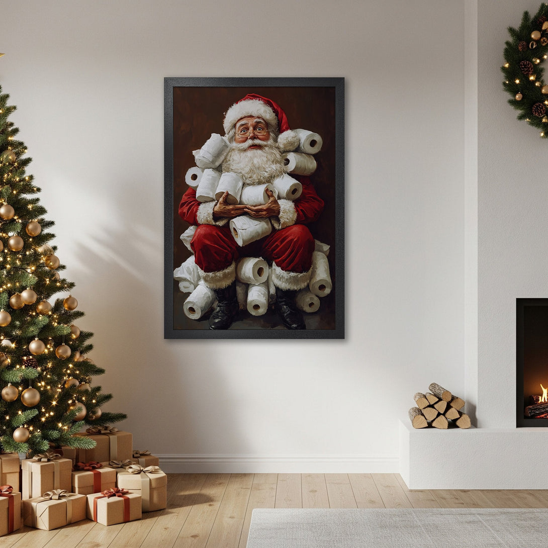 Framed Poster featuring Santa Claus with toilet paper, festive art in red, white, and brown tones. Perfect Christmas decor!