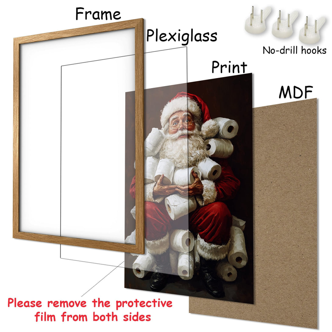 Framed Poster featuring Santa Claus with toilet paper.  Rich red and brown tones, perfect for holiday decor.  Add a touch of humor to your wall!