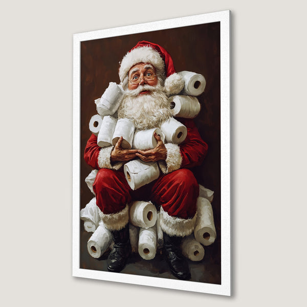 Framed Poster of Santa Claus with toilet paper, oil painting style, red and brown color palette. Funny Christmas decor.