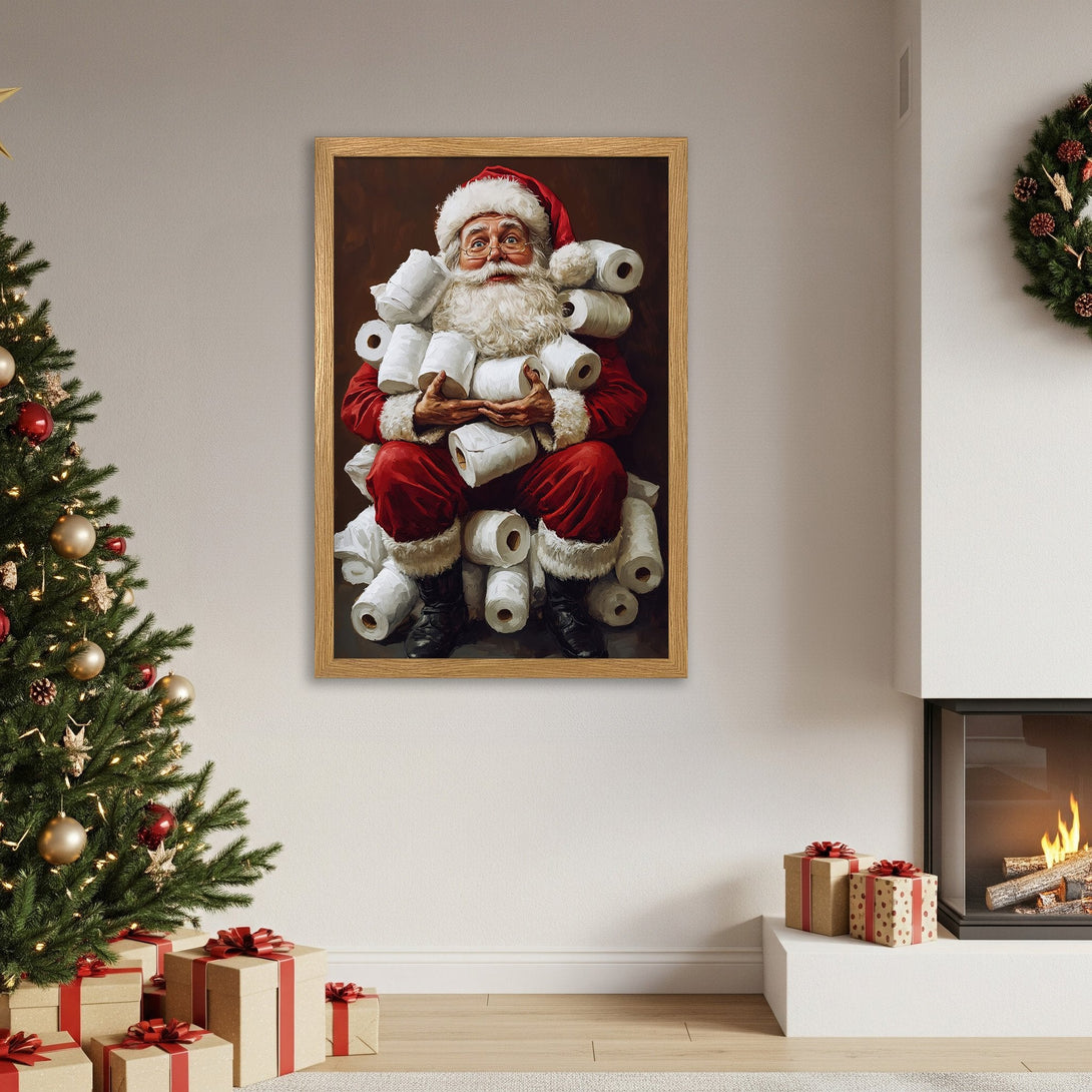 Framed Poster of Santa Claus holding toilet paper, a humorous Christmas artwork in red and brown tones.