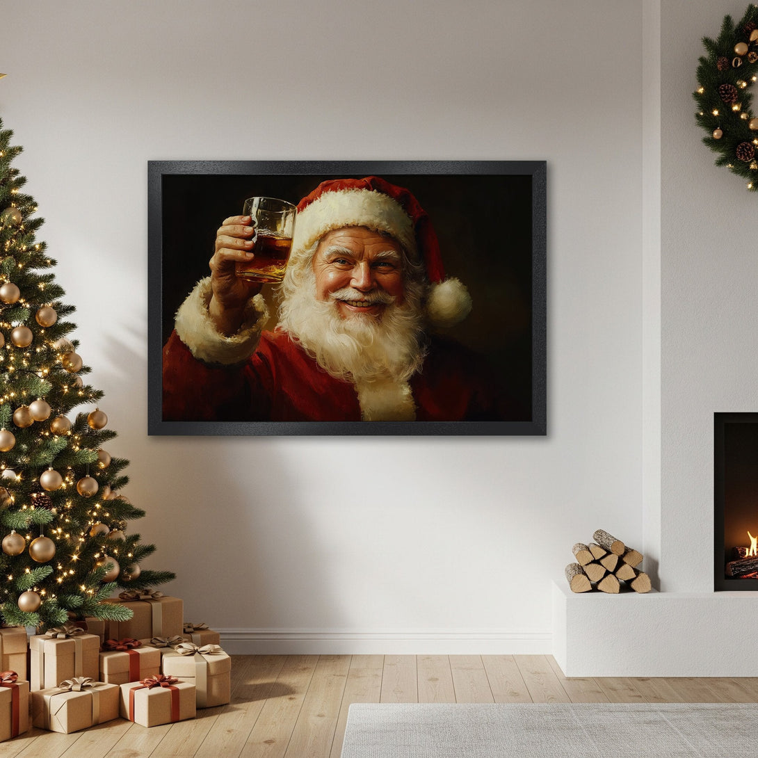 Framed Poster featuring Santa Claus toasting, classic style, rich red and black palette, perfect Christmas decor.