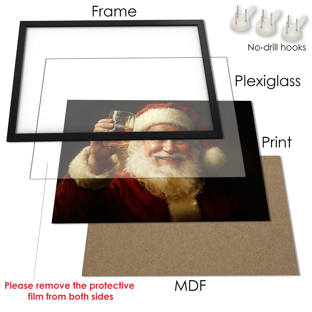 Framed Poster featuring Santa Claus, warm colors, and a classic style. Perfect holiday decor!