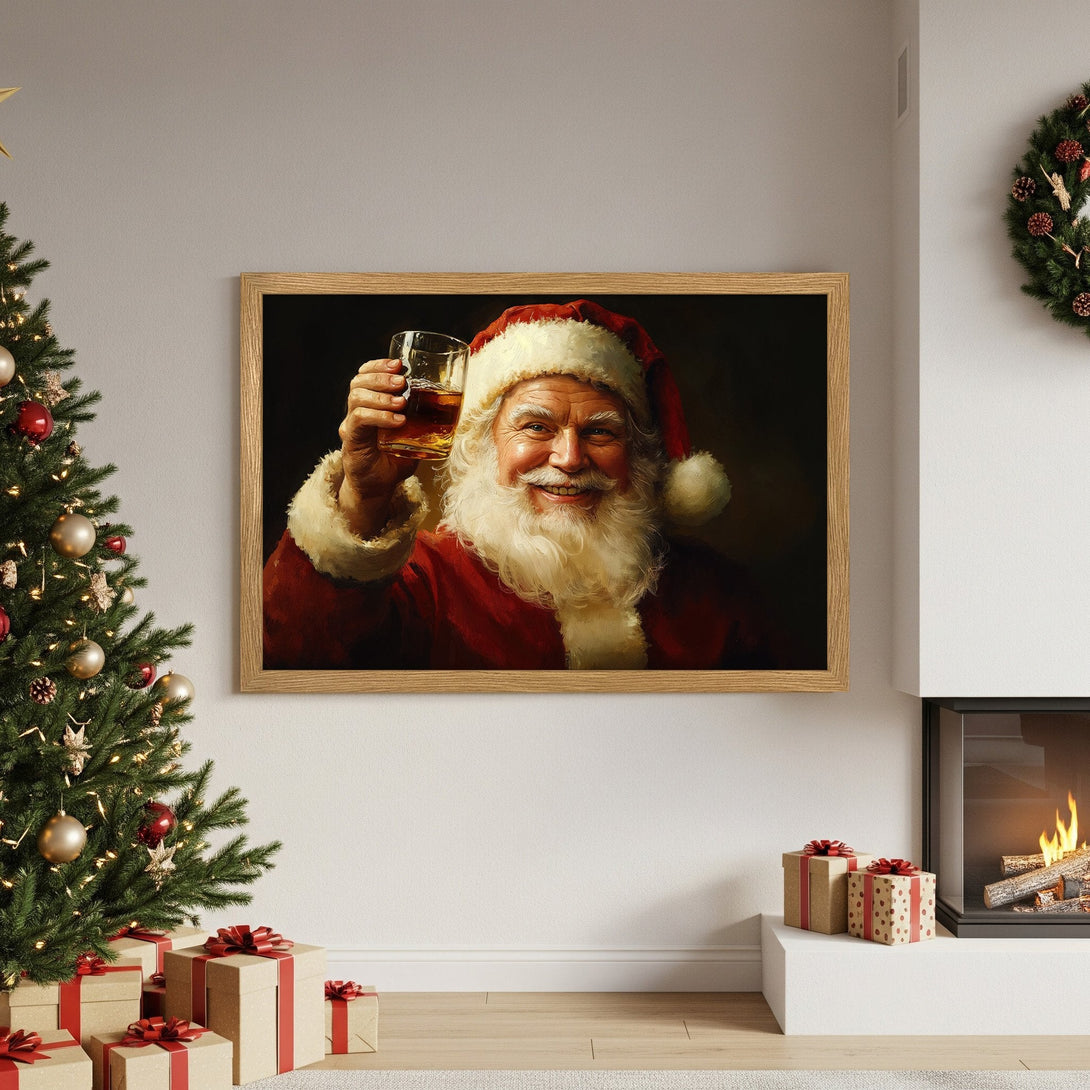 Framed Poster of Santa Claus toasting. Festive art in warm red, gold, and brown tones. Perfect Christmas decor!