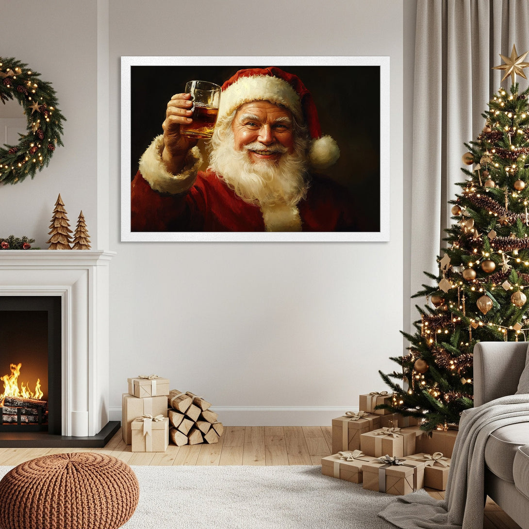 Framed Poster of Santa Claus, classic style, red & white palette, perfect Christmas decor.