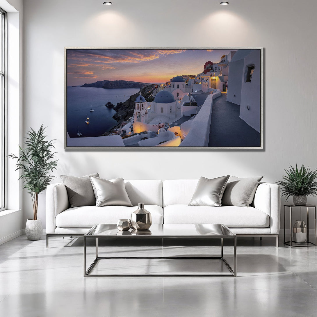Framed Wall Art of Santorini at sunset. Coastal landscape Canvas Print with blue, white, and orange hues, perfect for home decor.