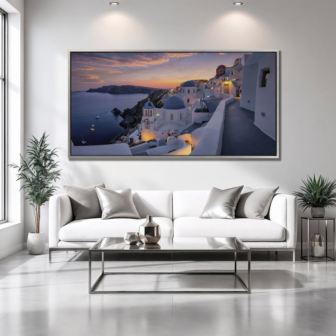 Framed Wall Art of Santorini at sunset. Coastal landscape Canvas Print in blue, white, and orange tones. Perfect for modern interior decor.