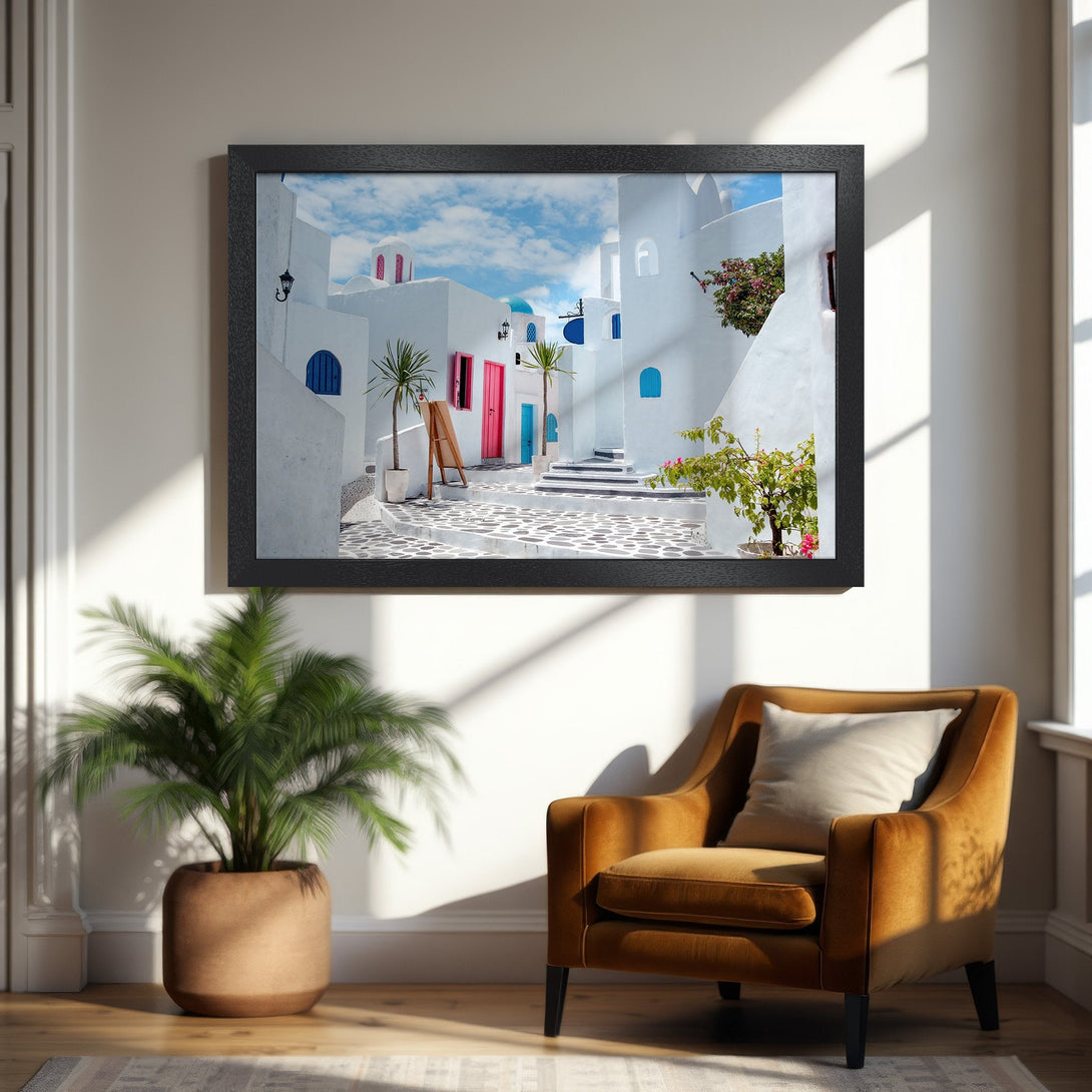 Framed Poster of Santorini architecture in white, blue, and pink. Mediterranean style art for your home.