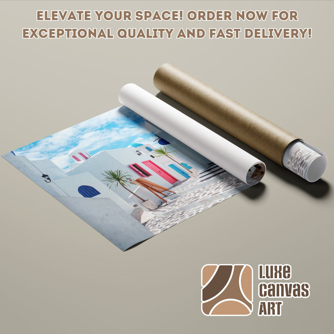 Poster roll featuring a Greek island scene, vibrant colors, and a modern style. Order your poster today!