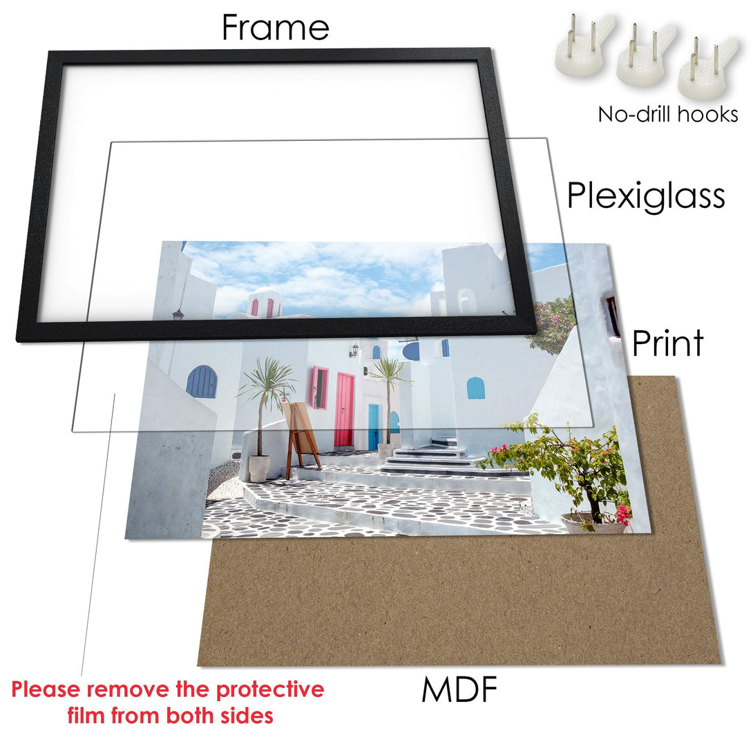Framed Poster of a Greek village scene, featuring white buildings, blue sky, and vibrant pink accents. A beautiful addition to any home!