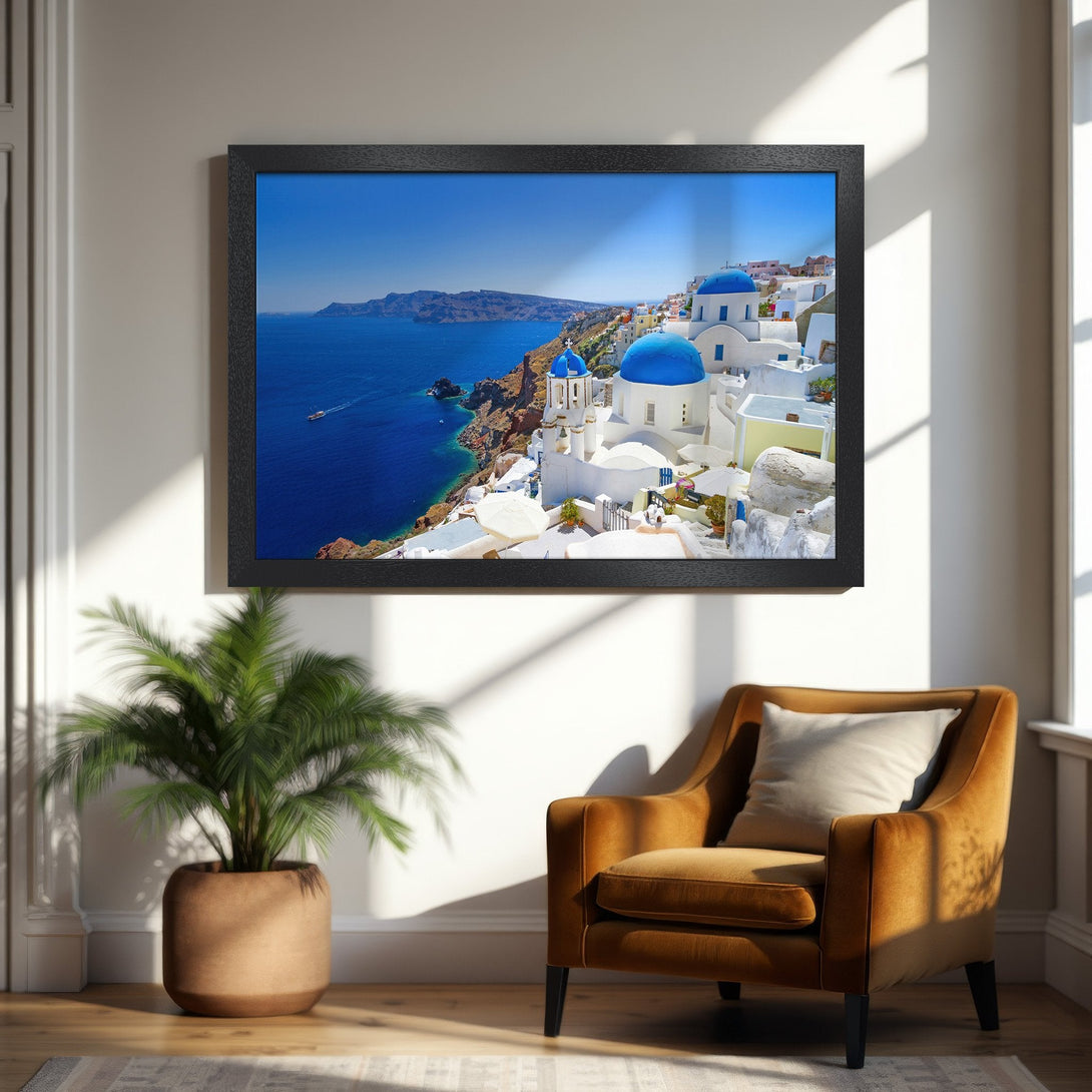 Framed Poster featuring Santorini, Greece. Coastal landscape art in bright blue, white, and yellow tones. Perfect wall decor!