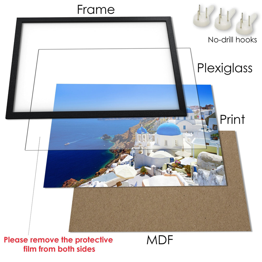 Framed Poster of Santorini, Greece. Coastal landscape art with blue and white color palette. Perfect travel decor!