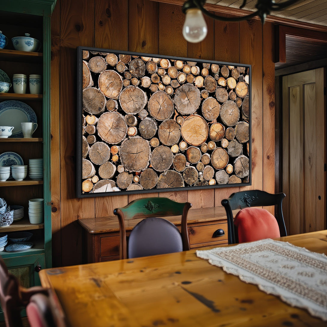 Framed Wall Art featuring a rustic wood log pile. Earthy tones of brown and beige create a cozy, natural aesthetic. Perfect for cabin decor!