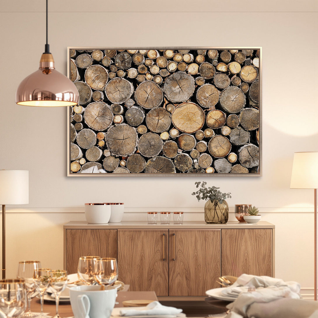 Framed Wall Art: Rustic wood log art in warm neutral tones. Perfect for adding natural texture and a cozy vibe to your dining room.