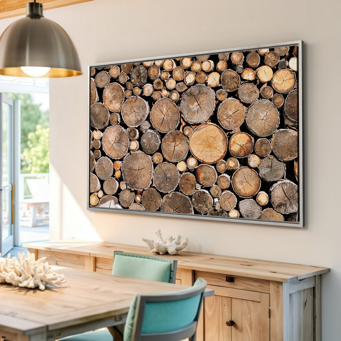 Framed Wall Art featuring a rustic log pile. Earthy tones of brown and beige create a warm, natural aesthetic. Perfect for adding a touch of nature to your decor.