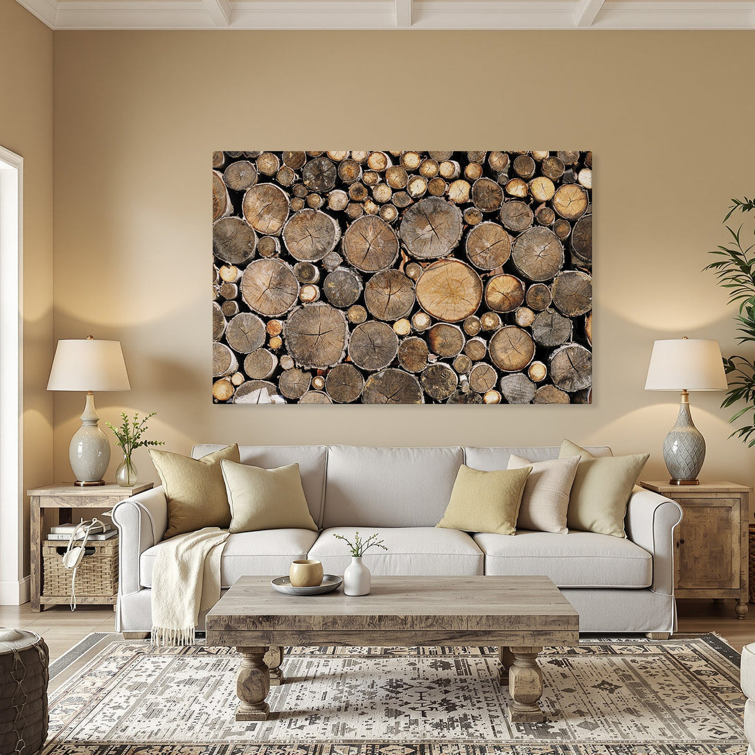 Framed Wall Art: Rustic wood log print in warm neutral tones. Perfect for adding natural style to your home. Shop now!