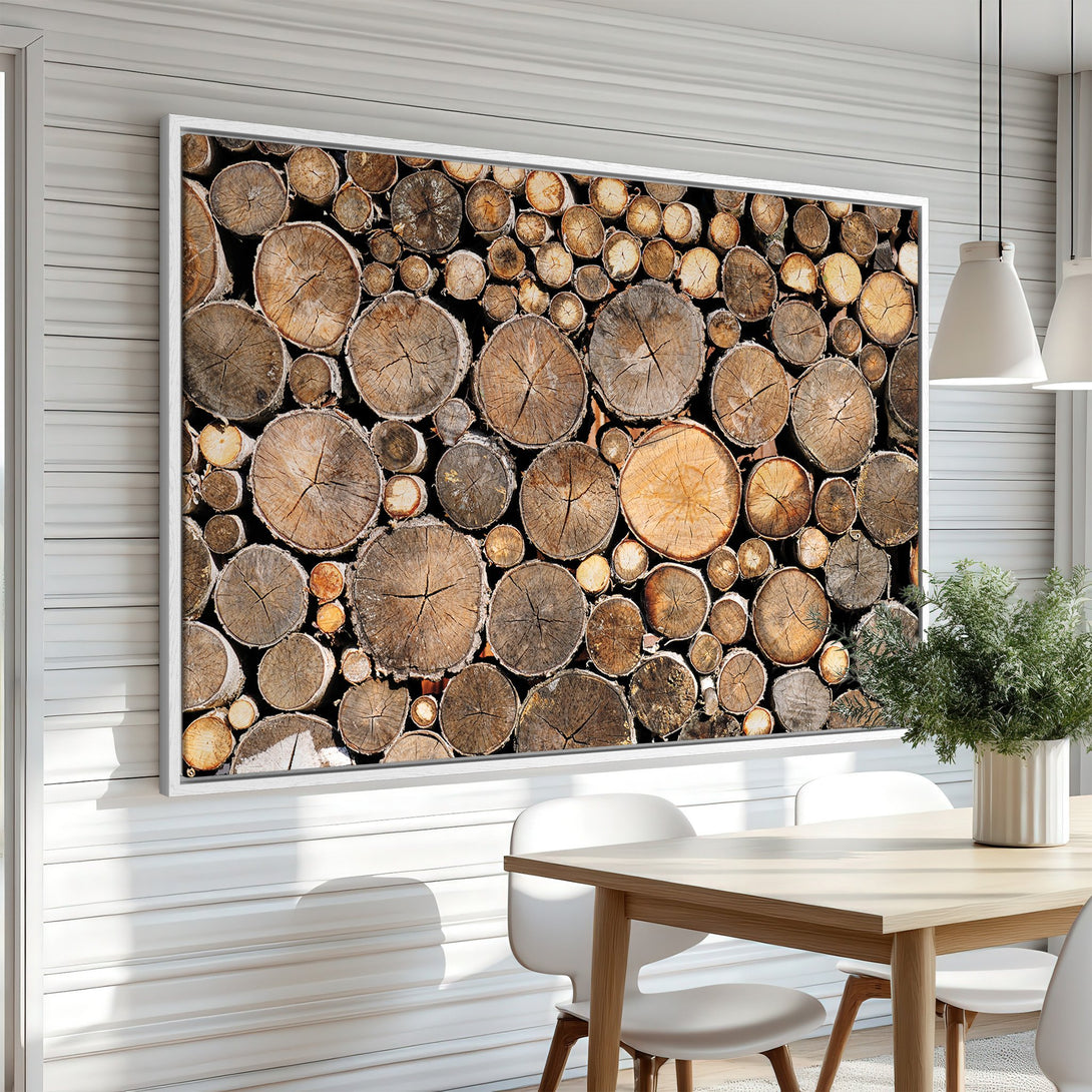 Framed Wall Art: Rustic wood log print in warm brown tones. Perfect for adding a touch of nature and modern style to your dining room or living space.