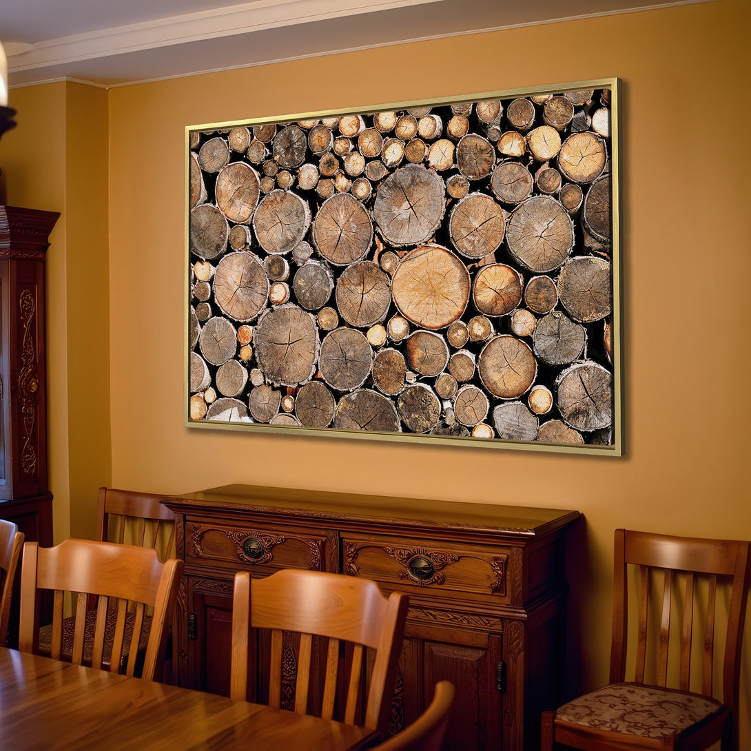 Canvas Print of stacked wood logs, rustic style, warm neutral tones. Add a touch of nature to your living room!