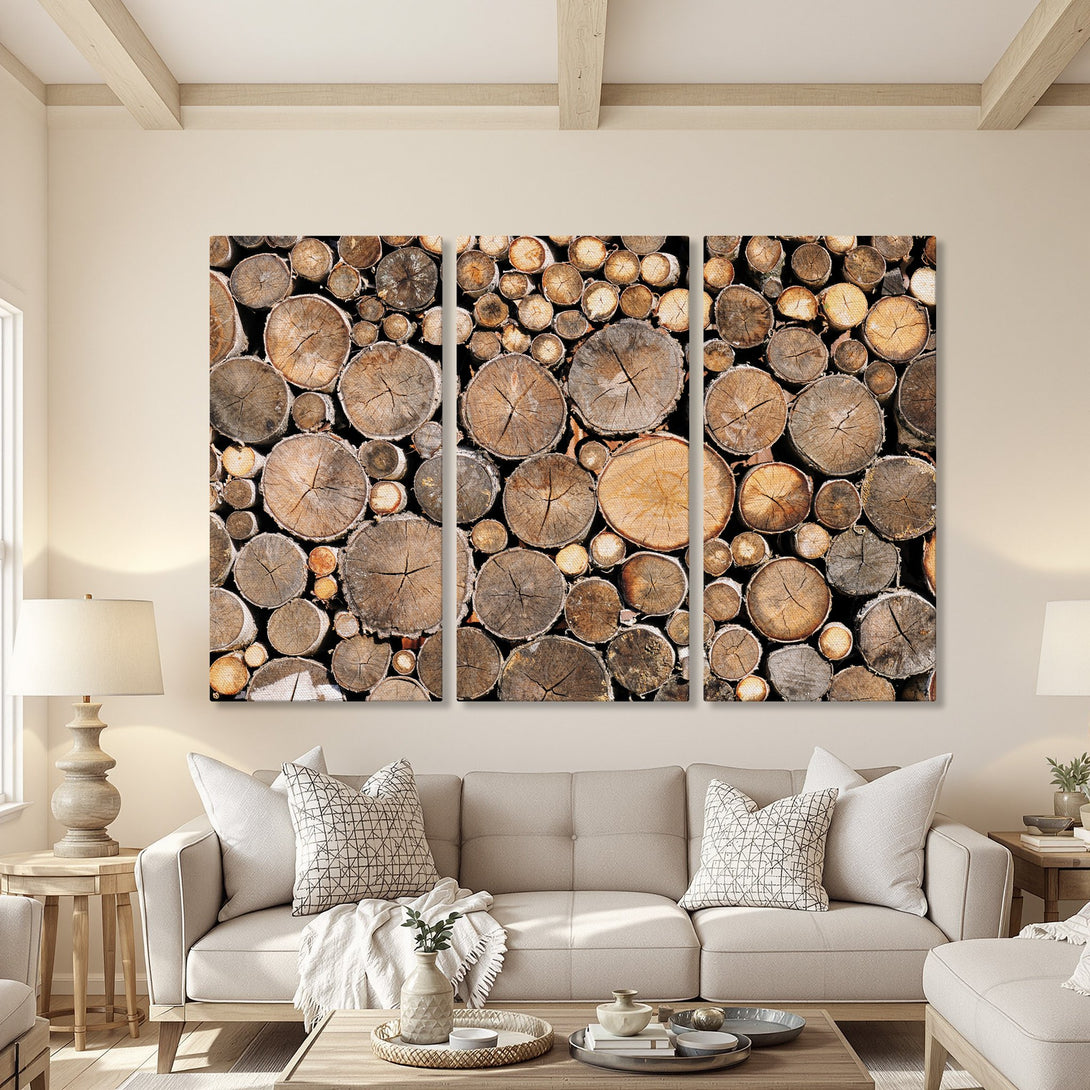 Canvas Print: Rustic wood log art in warm brown tones. Adds natural, cozy style to any living room. Perfect for farmhouse decor.