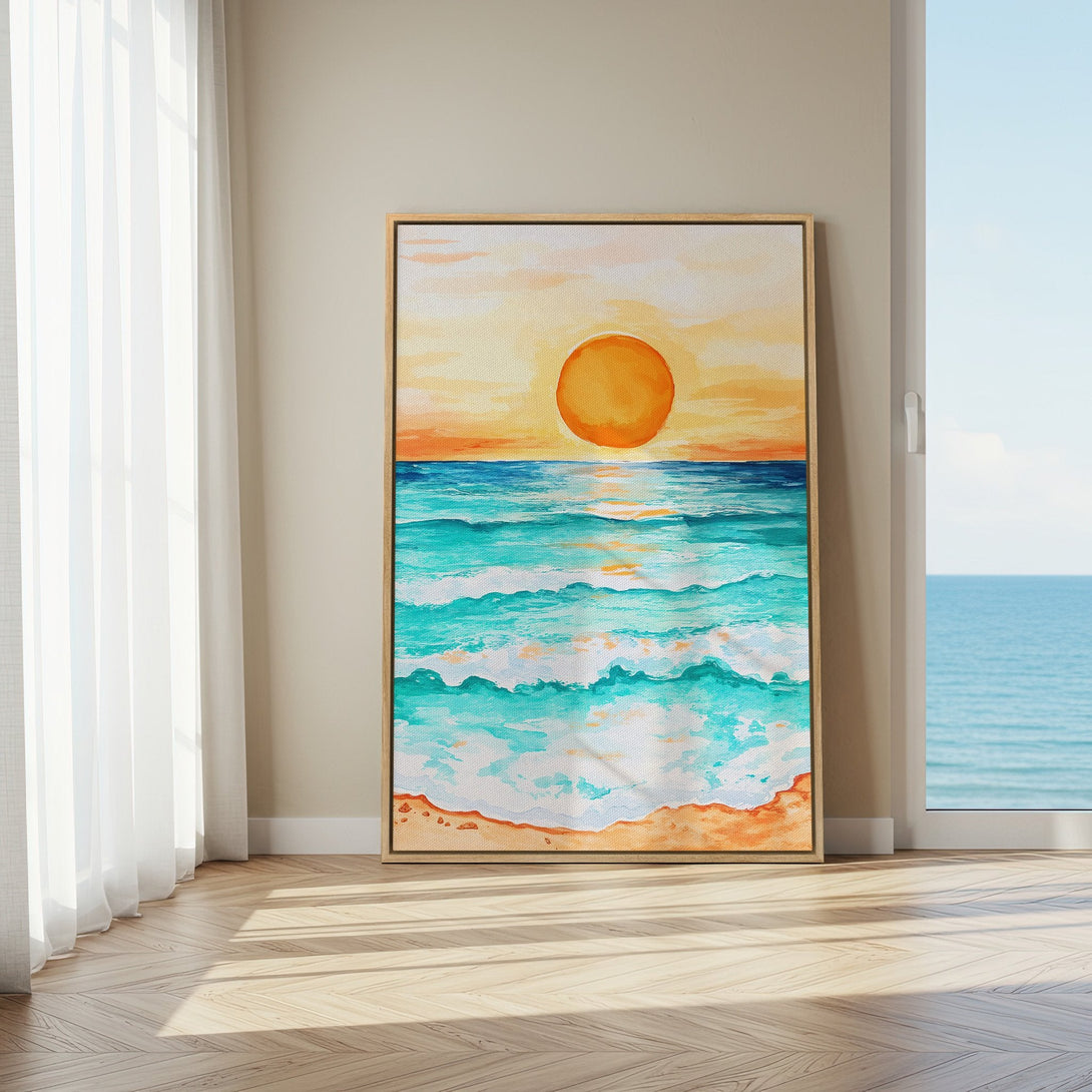 Framed Wall Art: Watercolor beach sunset canvas print in a warm, coastal color palette. Perfect for adding a touch of serenity to your home decor.