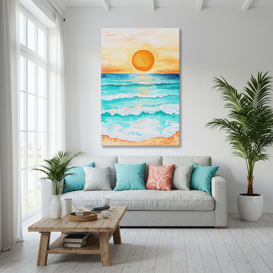 Framed Wall Art: Coastal sunset canvas print in a modern living room. Features vibrant blues, oranges, and turquoise. Perfect for beach house decor.
