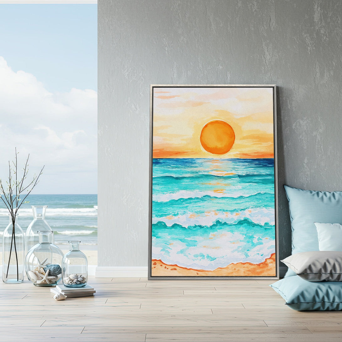 Framed Wall Art of a vibrant sunset over the ocean. Coastal watercolor style with a warm orange and teal color palette. Perfect for beach decor!