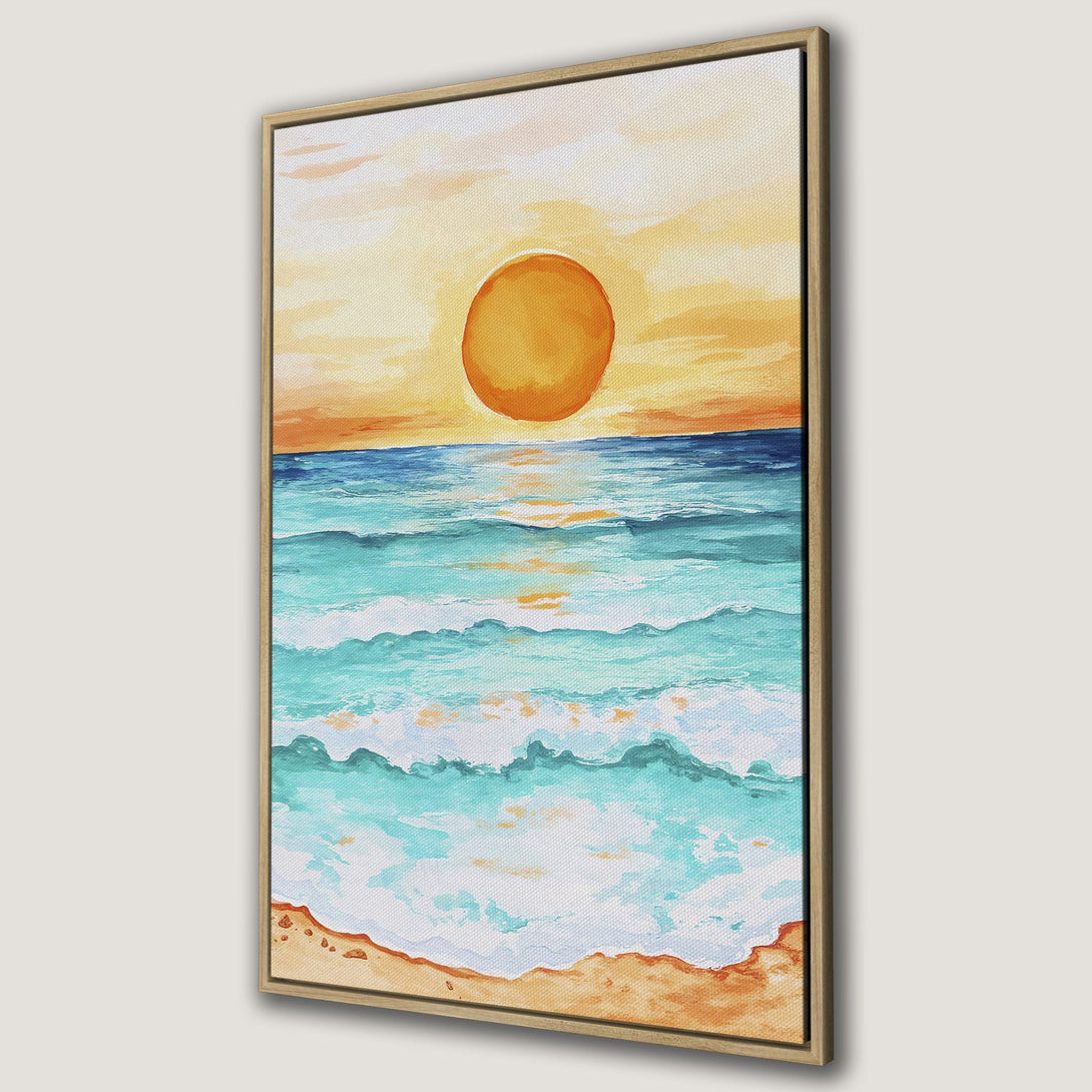 Canvas Print of a watercolor beach sunset scene in warm orange and turquoise hues. Coastal wall art for a relaxing vibe.