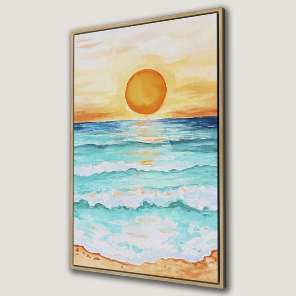 Canvas Print of a watercolor beach sunset scene in warm orange and turquoise hues. Coastal wall art for a relaxing vibe.