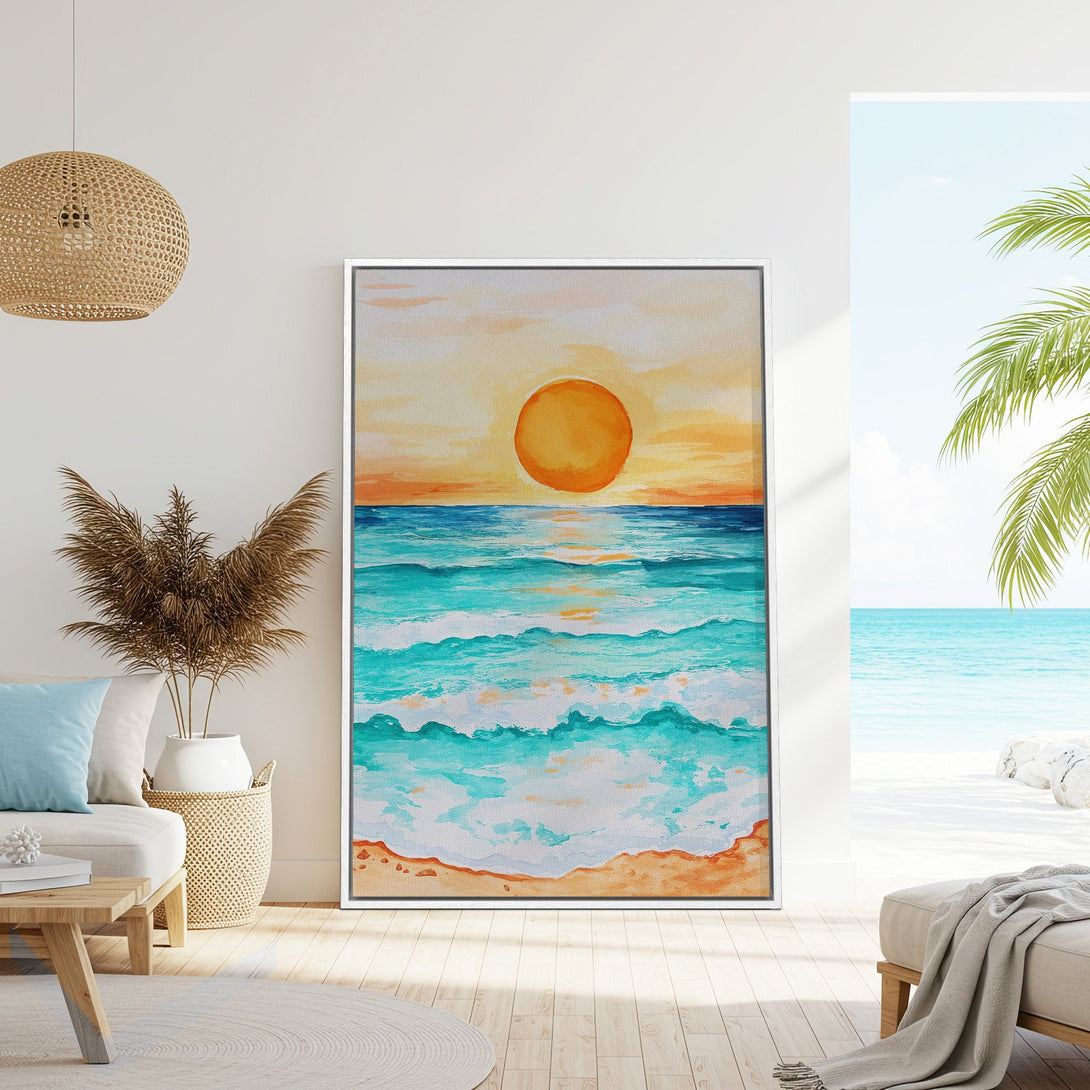 Framed Wall Art: Watercolor sunset over ocean in turquoise, orange, and blue. Coastal art for a relaxing beach vibe. Perfect for living rooms.