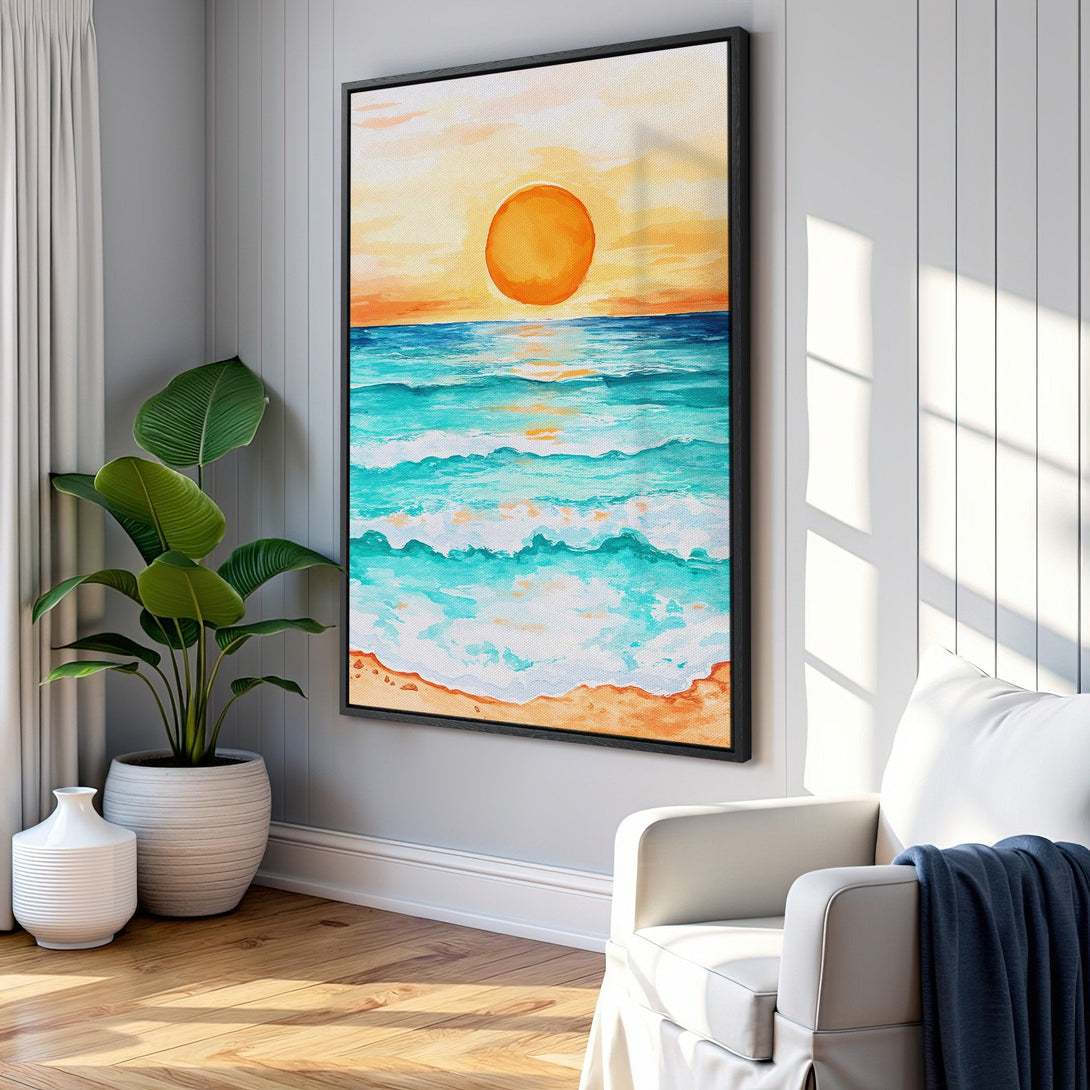 Framed Wall Art: Watercolor beach scene with sunset in warm orange and teal tones. Coastal decor for a relaxing living room.