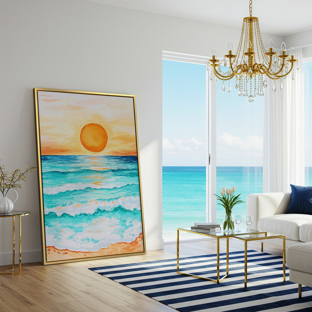 Canvas Print of a watercolor sunset over the ocean, featuring vibrant blues, oranges, and yellows. Coastal-inspired art for your home.