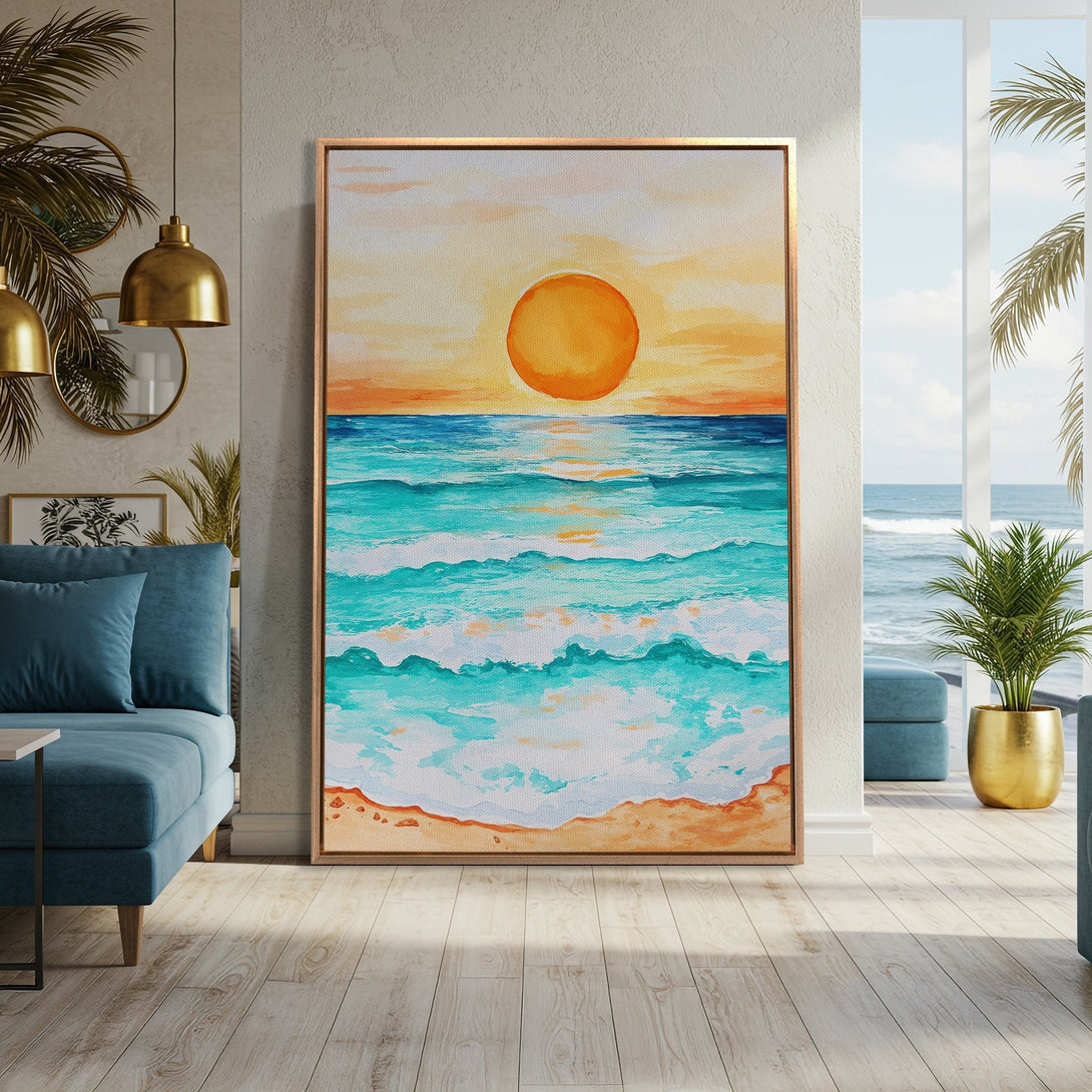 Framed Wall Art: Watercolor sunset over the ocean. Coastal decor in shades of turquoise, orange, and yellow. Perfect for a relaxing living room.