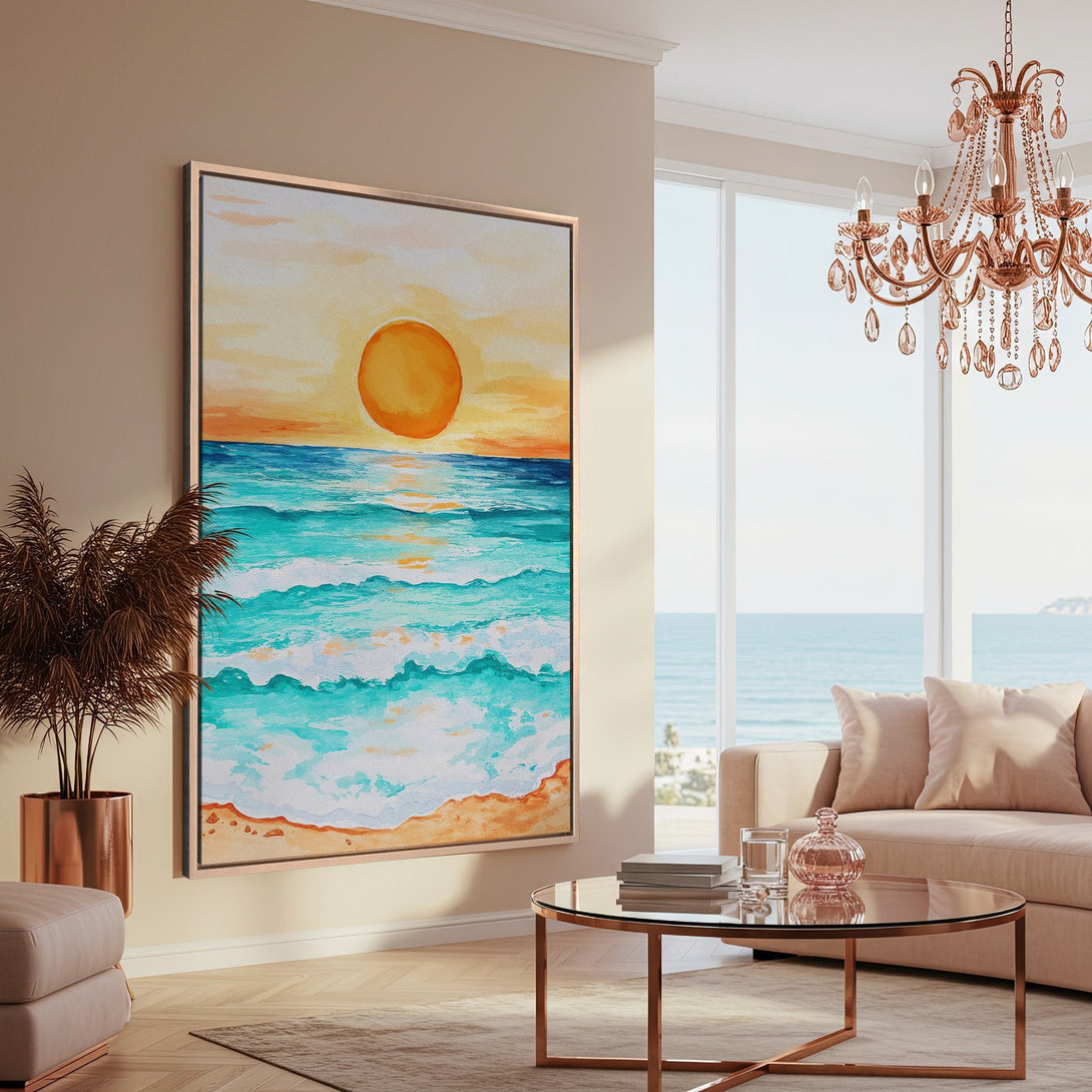 Framed Wall Art: Watercolor beach scene in a modern living room. Coastal style with vibrant teal, orange, and yellow hues. Bring the beach home!