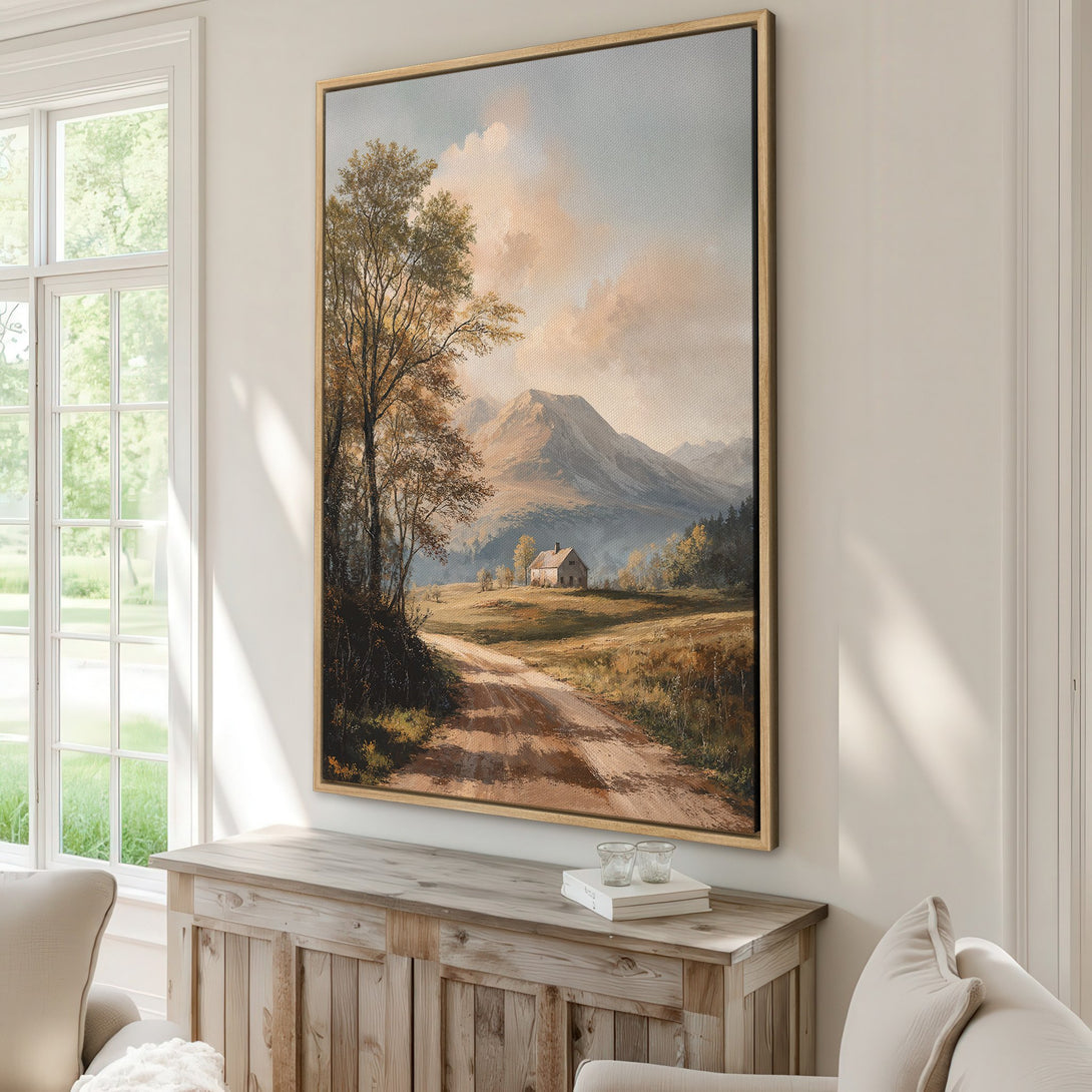 Framed Wall Art: Landscape Canvas Print with a serene mountain scene in warm earth tones. Perfect for adding a touch of nature and tranquility to your home decor.