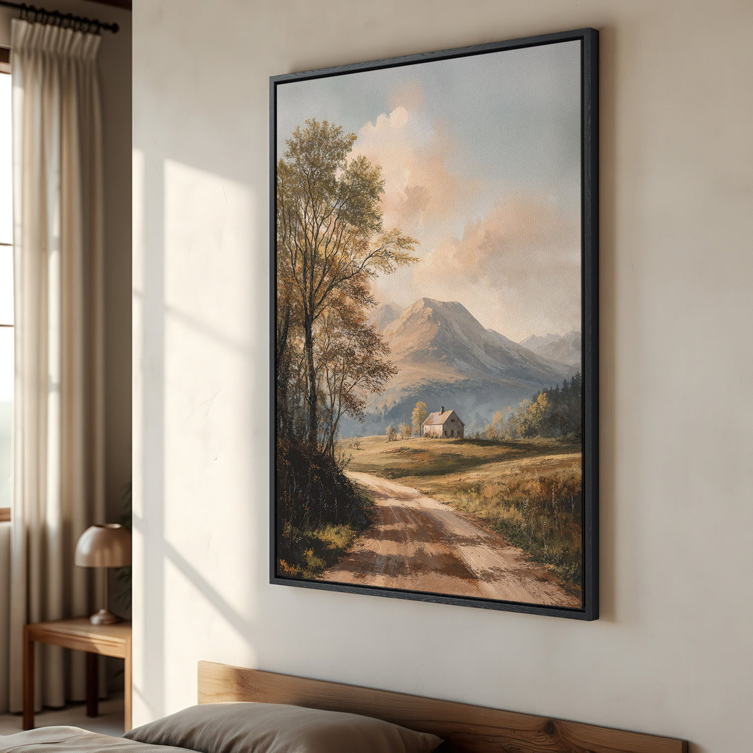 Framed Wall Art: Landscape painting of a country road, mountains, and a house. Warm, earthy tones create a cozy, inviting atmosphere. Perfect for any room!
