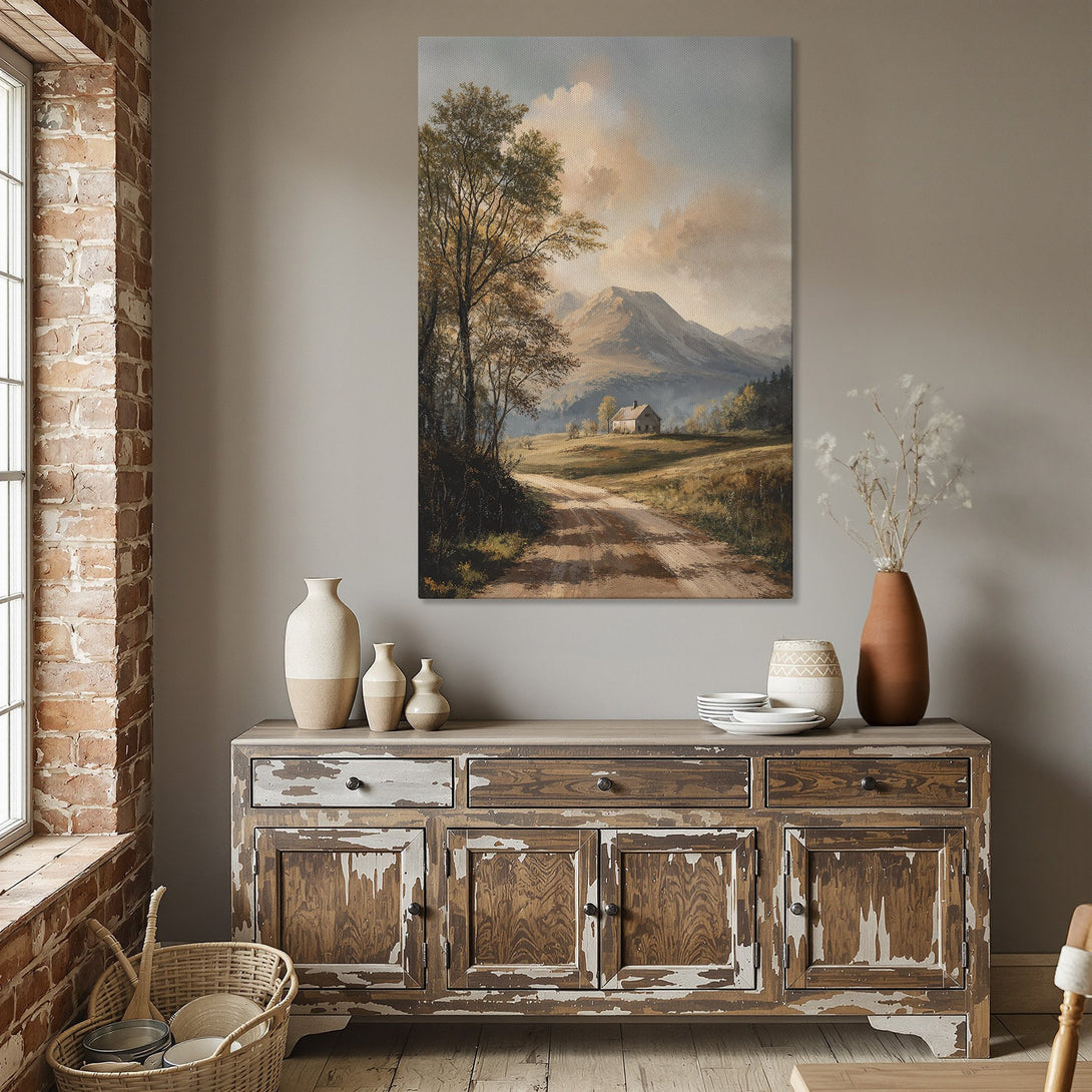 Framed Wall Art: Landscape painting with mountain and path in warm tones. Rustic farmhouse style Canvas Print adds cozy charm to dining room.