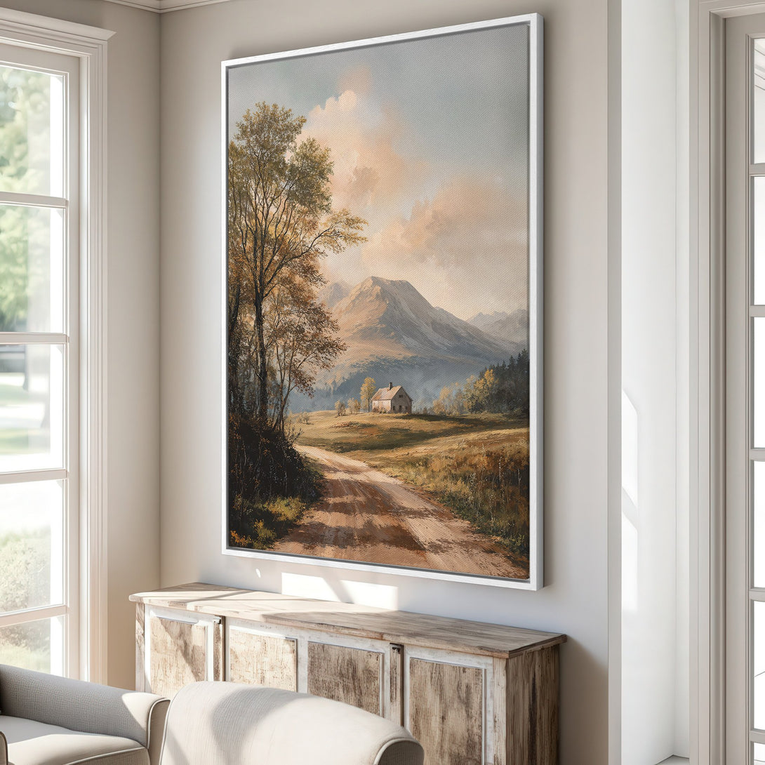 Framed Wall Art: Serene landscape Canvas Print with warm tones. Rustic road leads to a charming house. Perfect for adding a touch of tranquility to any space.